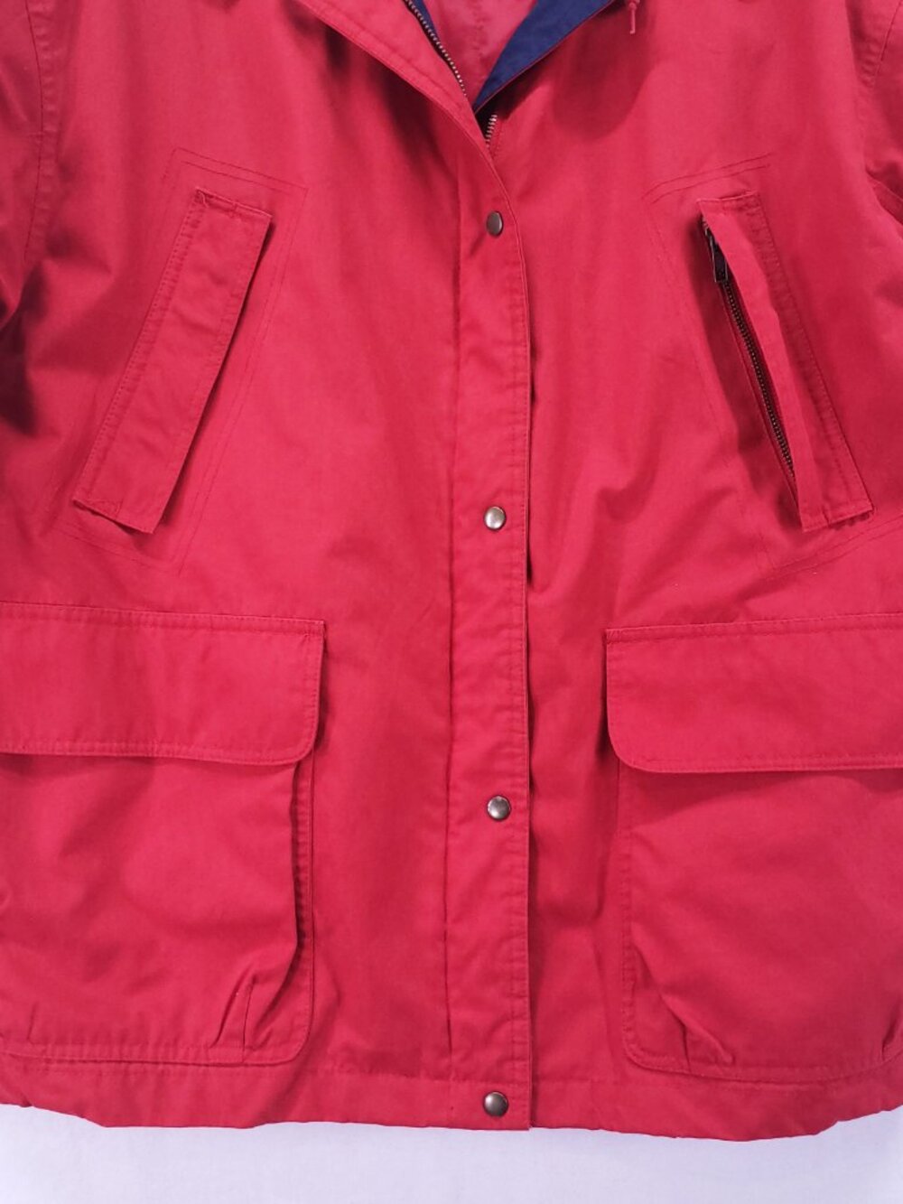 London Fog Women’s Parka Rain Coat Size 10 Red Full Zip Blue Hood Short Length - Picture 7 of 15